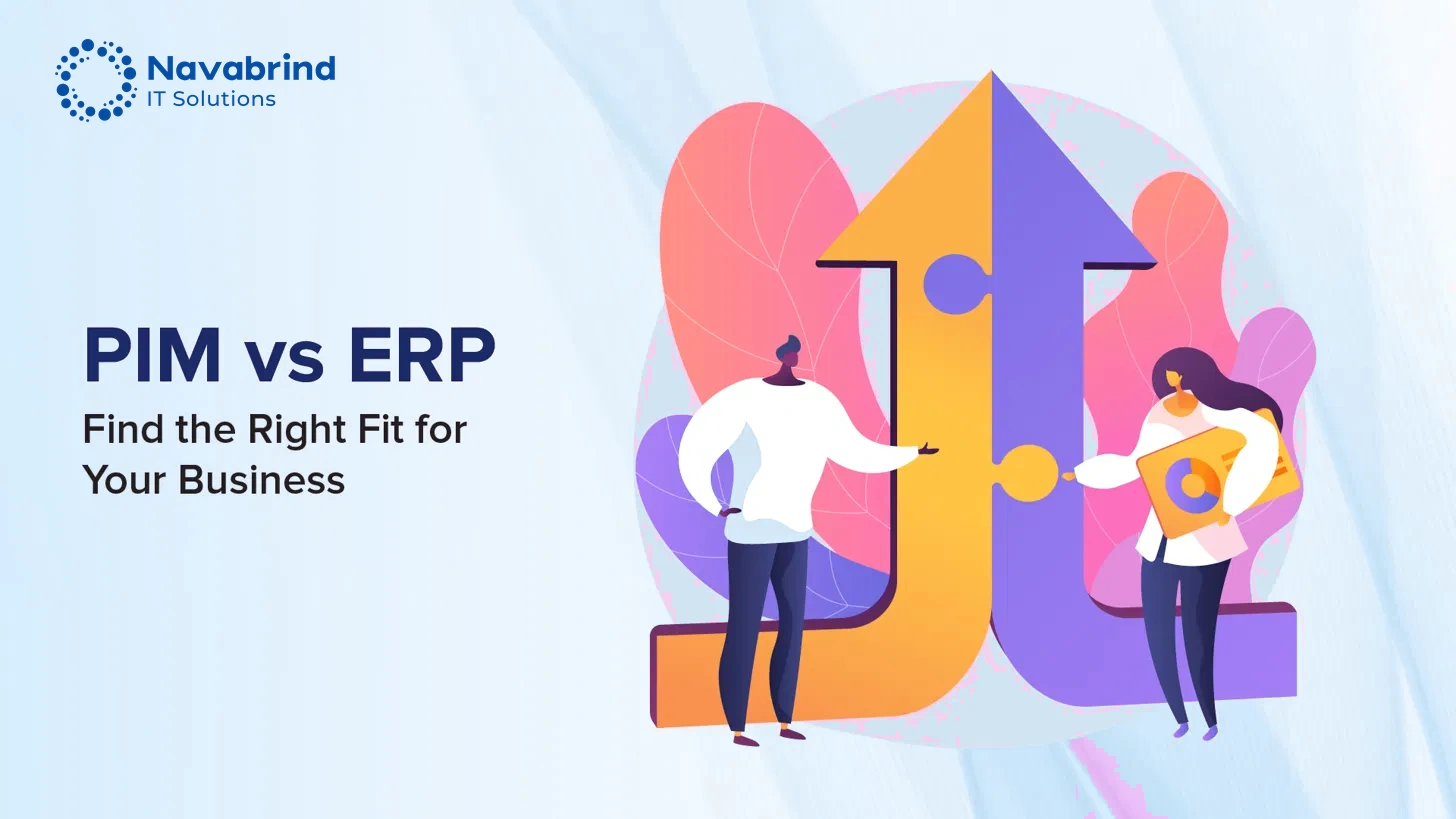 PIM vs ERP hero banner – find the right fit for your business, illustrated by two professionals connecting ERP and PIM systems
