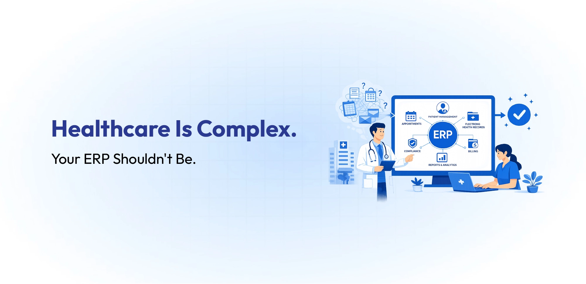 Banner promoting healthcare ERP software by Odoo to simplify healthcare operations with integrated finance, inventory, HR, compliance, and patient management.