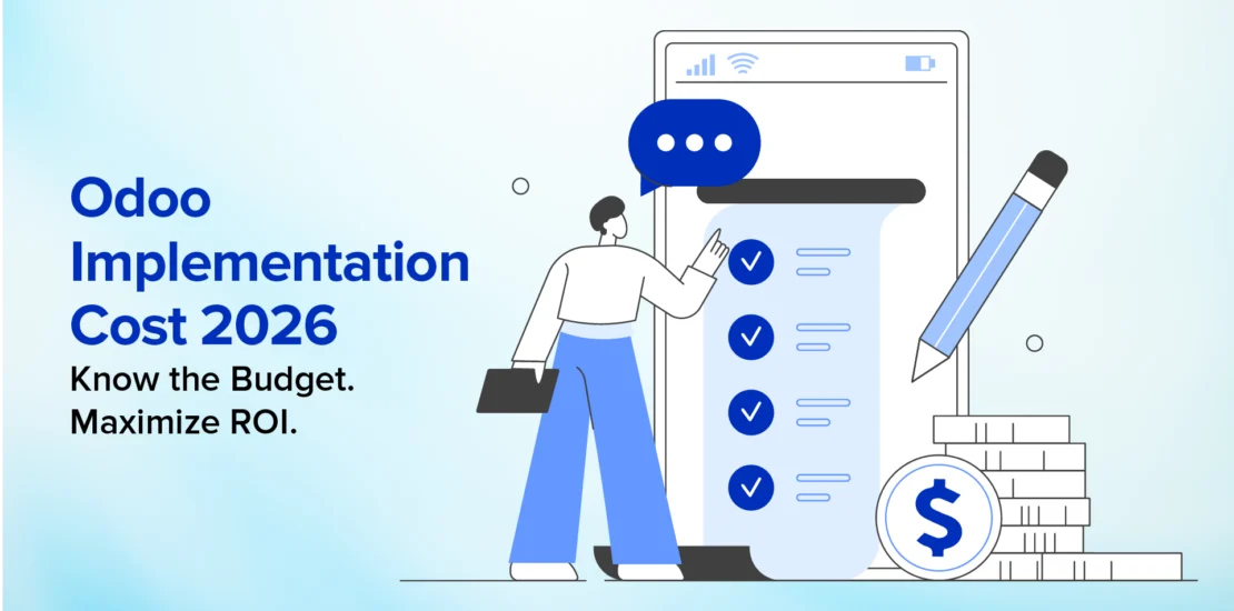 Odoo Implementation Cost 2026 guide showing budgeting, cost planning, and ROI illustration