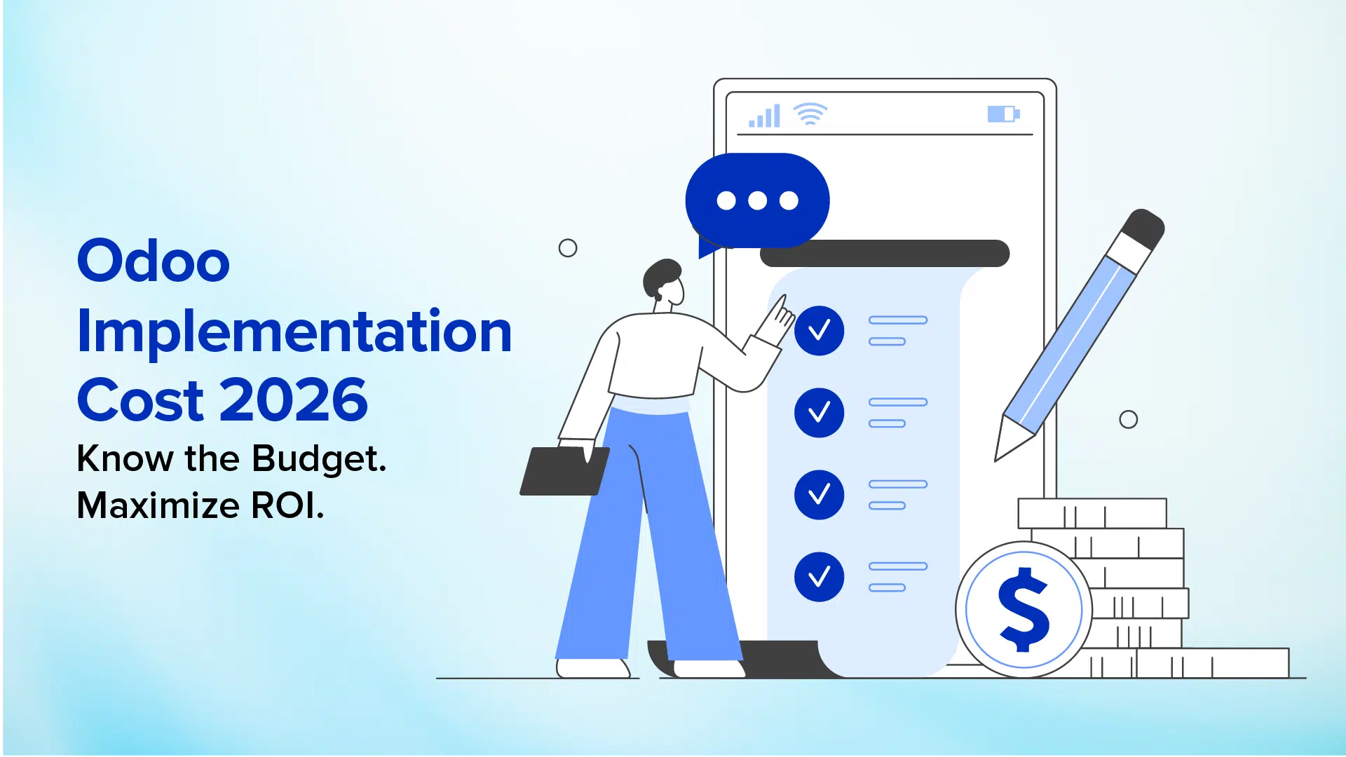 Odoo Implementation Cost 2026 guide showing budgeting, cost planning, and ROI illustration