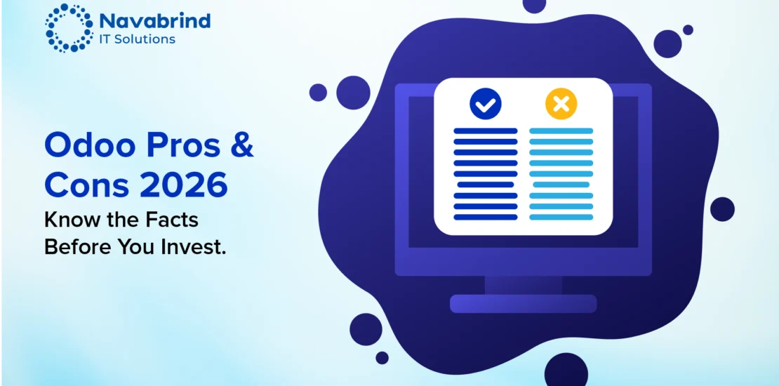 Navabrind IT Solutions banner for Odoo Pros and Cons 2026 blog post with a checklist icon showing pros and cons