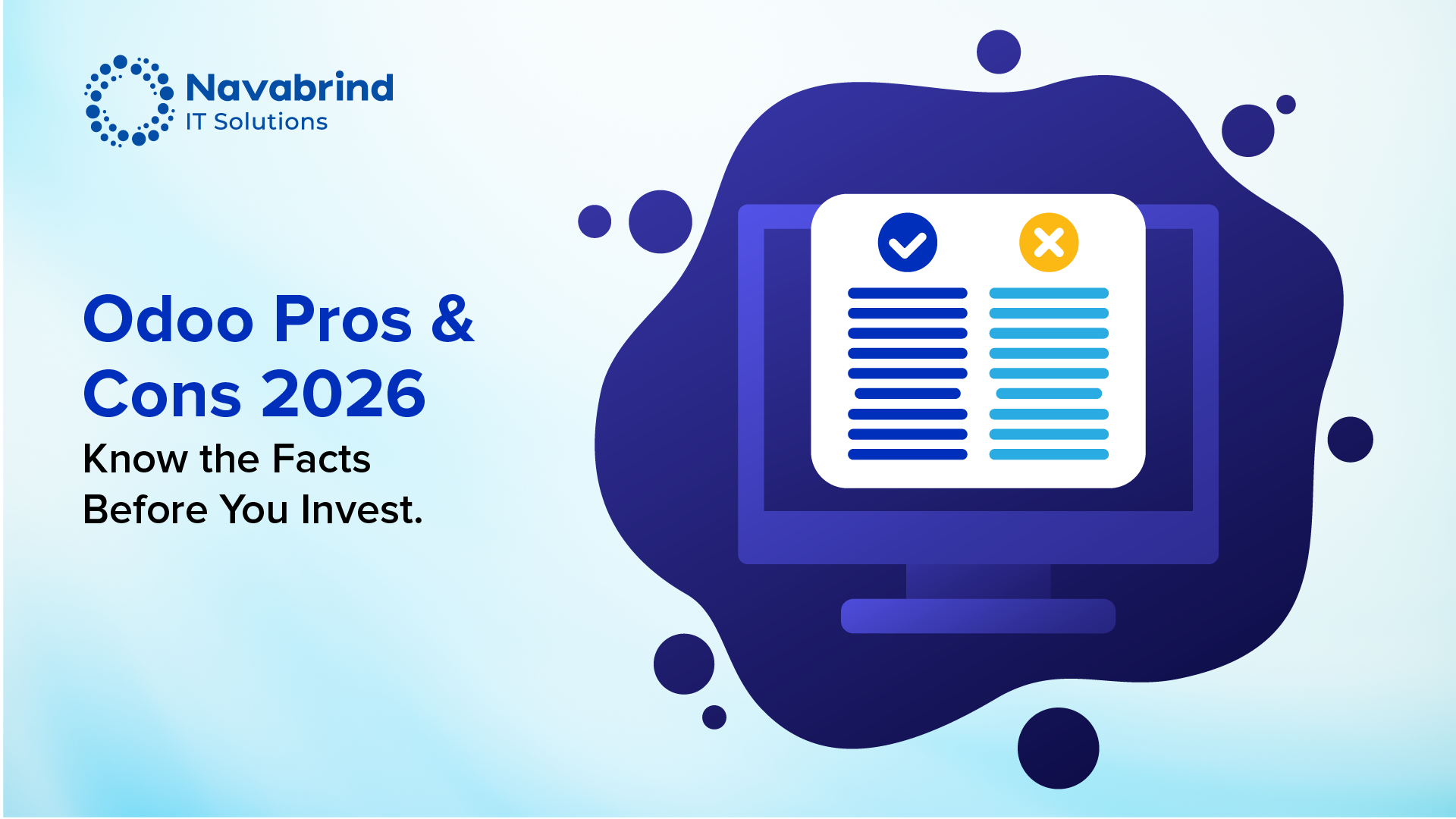 Navabrind IT Solutions banner for Odoo Pros and Cons 2026 blog post with a checklist icon showing pros and cons