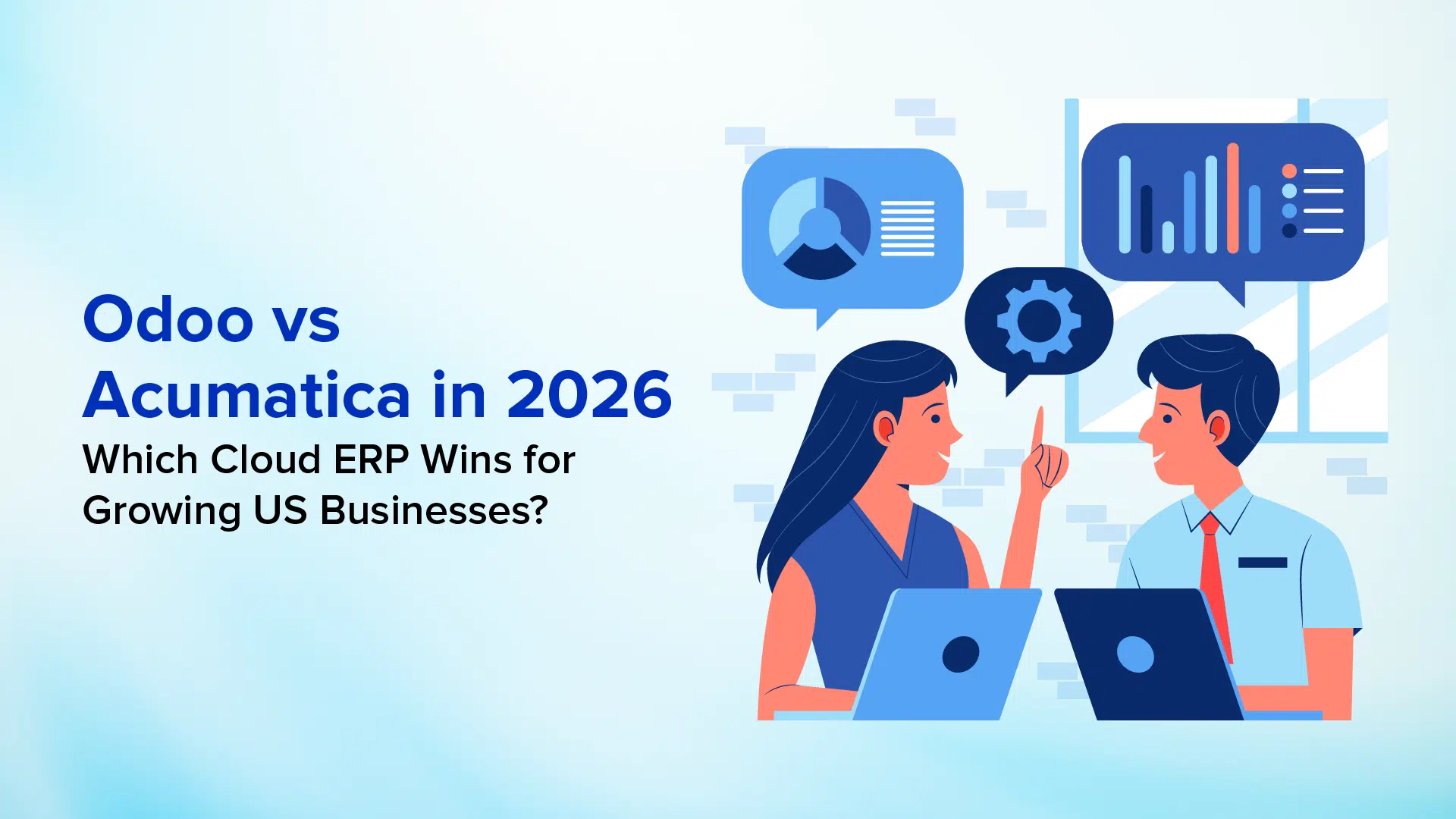 Illustration of two professionals discussing ERP options at laptops with analytics dashboards, representing the Odoo vs Acumatica 2026 cloud ERP comparison for growing US businesses