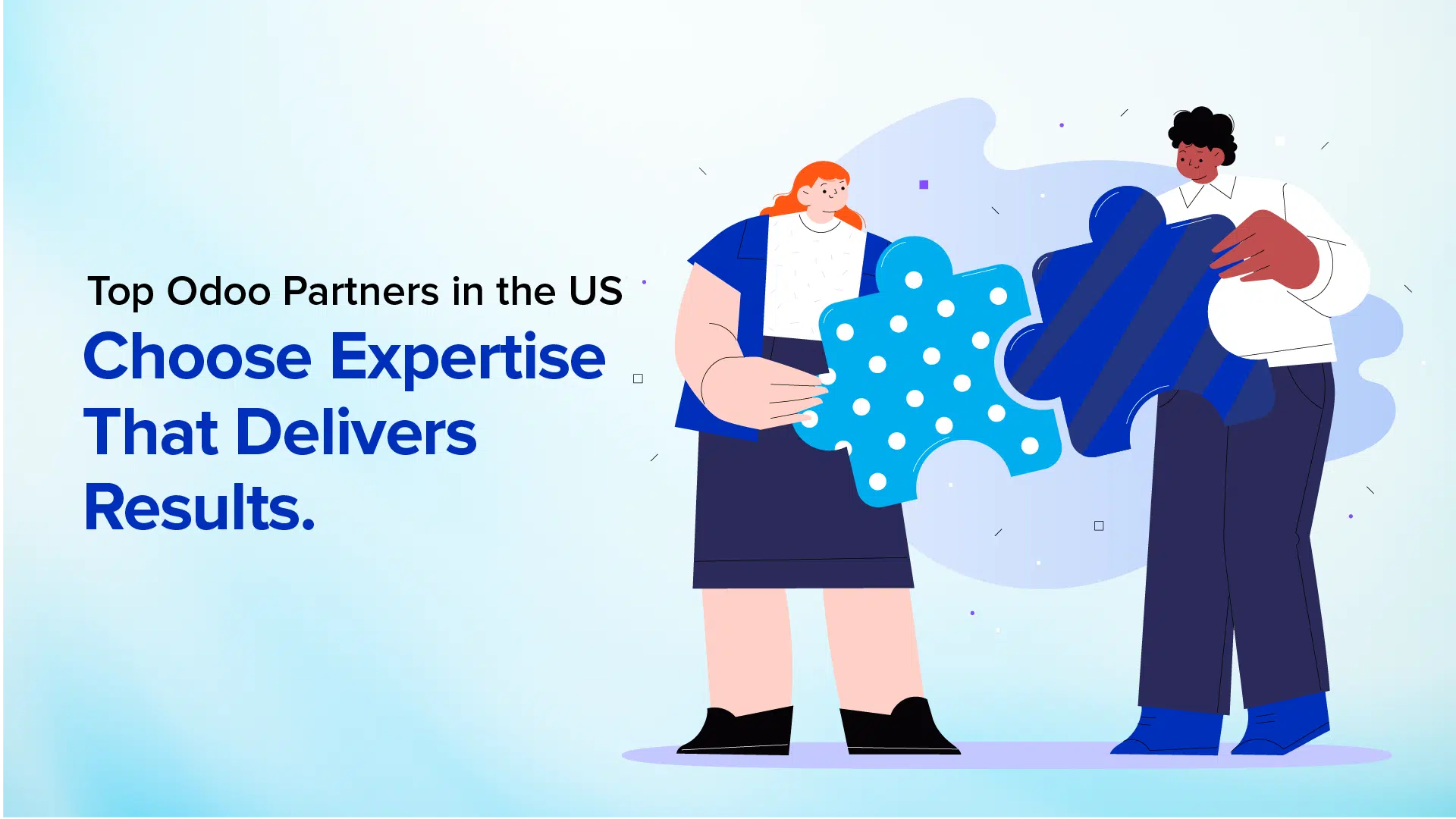 Banner illustration of two professionals connecting puzzle pieces, representing top Odoo partners in the US delivering expert ERP implementation