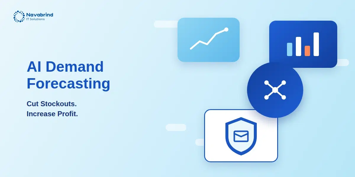 Navabrind IT Solutions banner illustration with sales trend and analytics icons for the AI Demand Forecasting blog post, featuring the tagline Cut Stockouts, Increase Profit