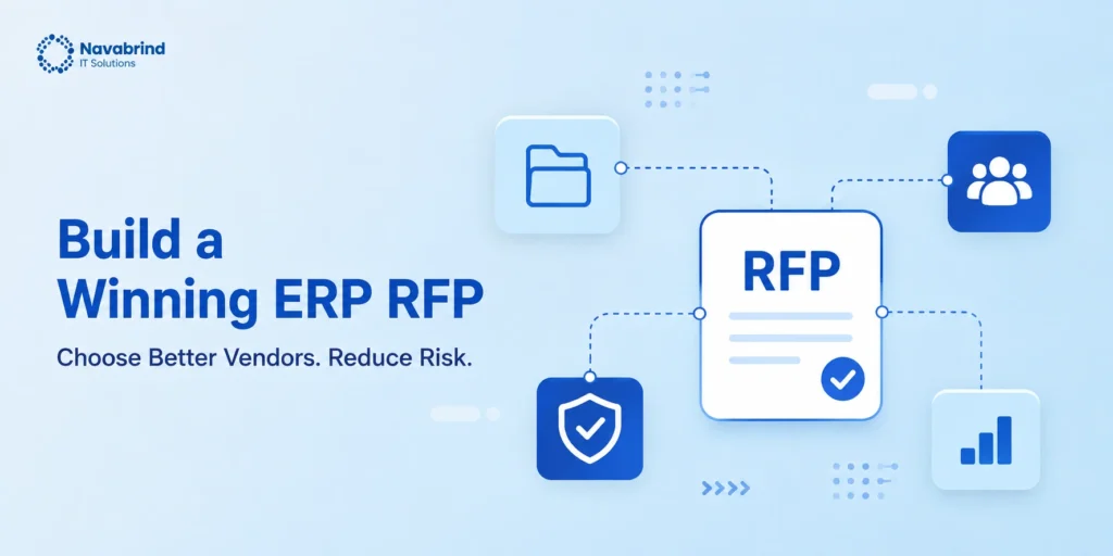 Build a Winning ERP RFP banner showing a connected RFP document with folder, team, security, and analytics icons